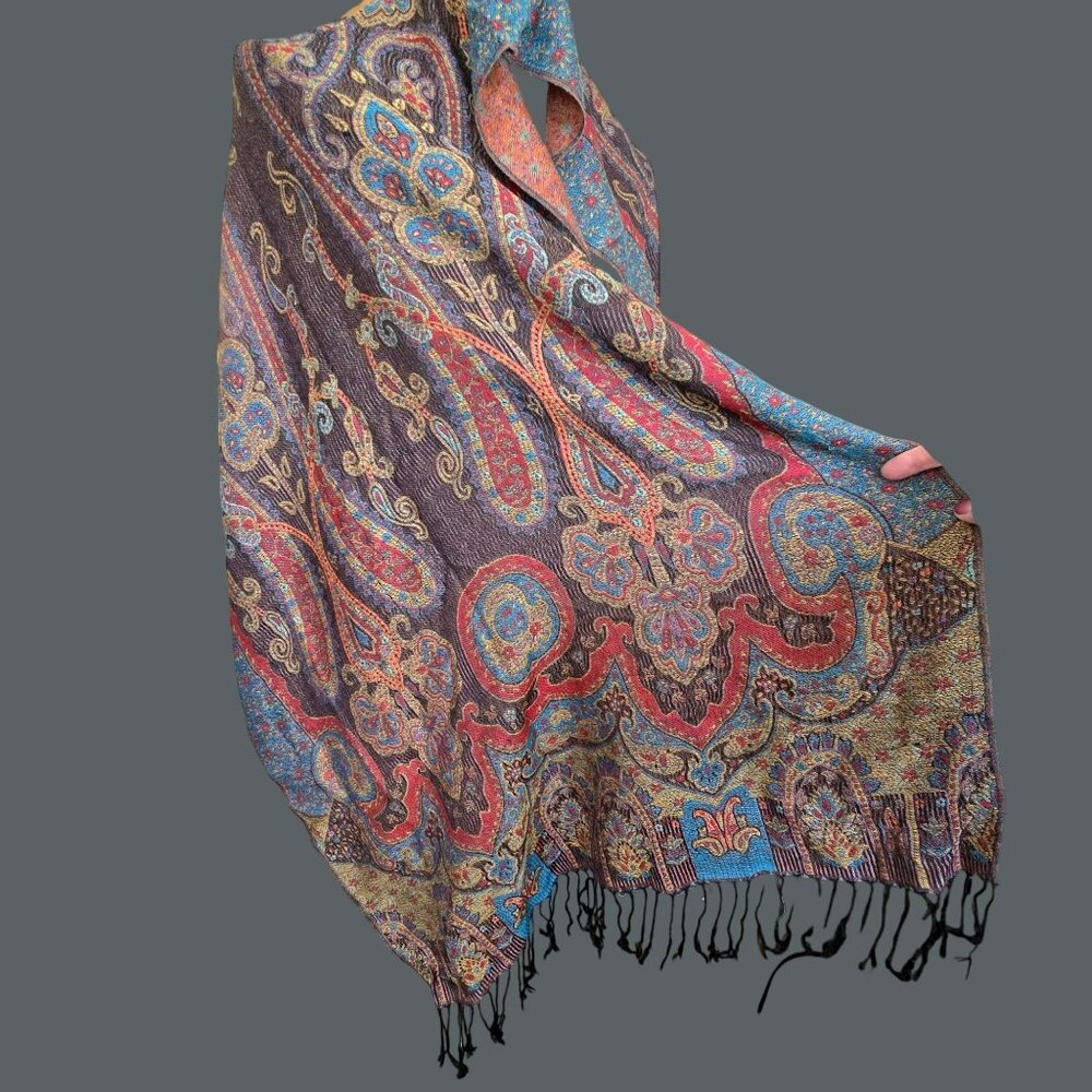 Vintage Multicolor Paisley & Floral Woven Shawl Wrap With Fringe JJ4183